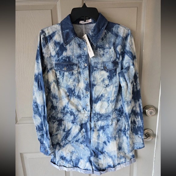 Mebon Machine Chambray Romper Jumpsuit Women L Blue Denim LongSleeve Tye Dye New - Picture 3 of 16